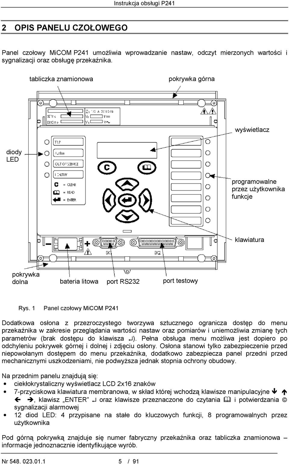 1 Panel czołowy MiCOM P241 Dodatkowa osłona z przezroczystego tworzywa sztucznego ogranicza dostęp do menu przekaźnika w zakresie przeglądania wartości nastaw oraz pomiarów i uniemożliwia zmianę tych