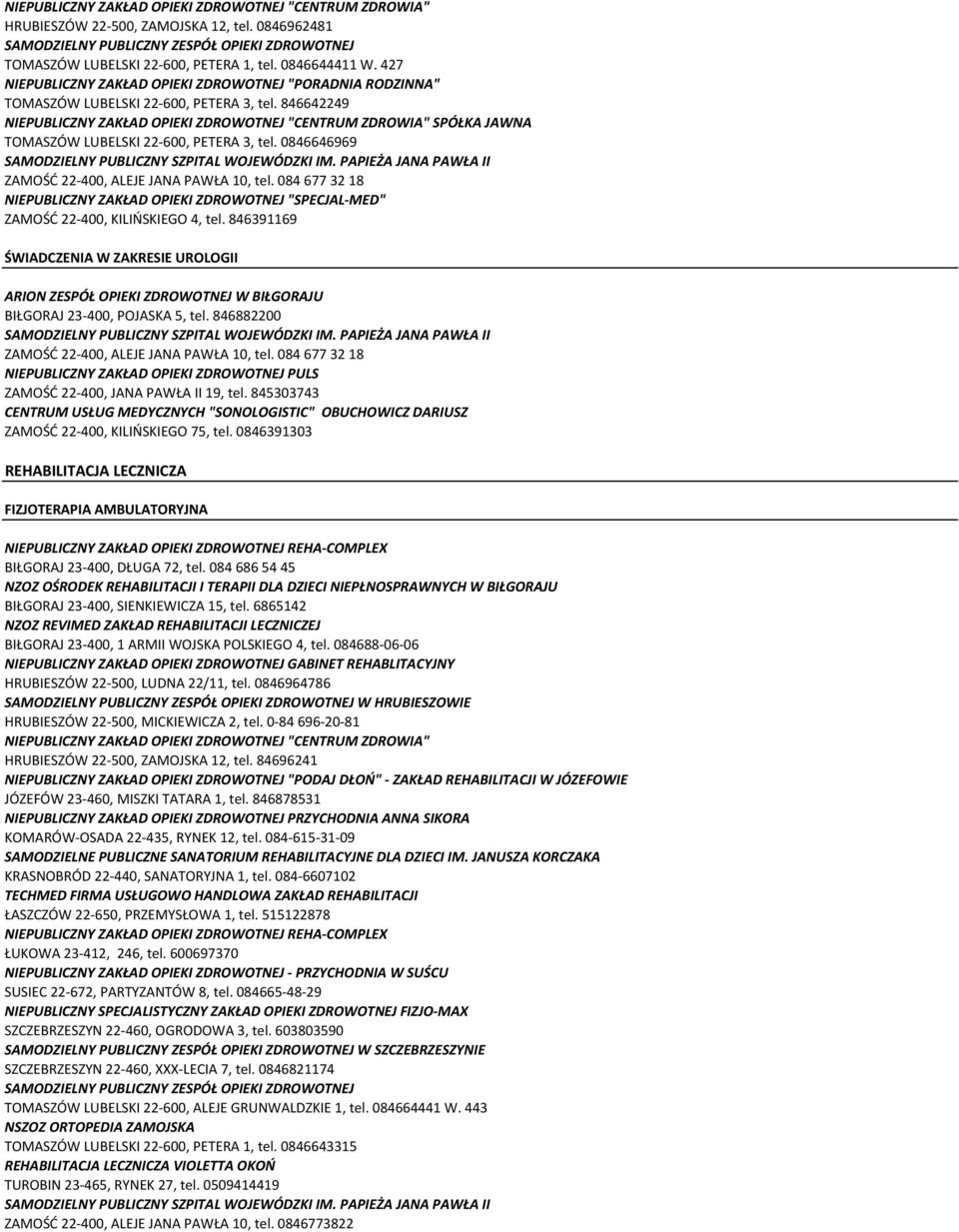 846882200 CENTRUM USŁUG MEDYCZNYCH "SONOLOGISTIC" OBUCHOWICZ DARIUSZ ZAMOŚĆ 22-400, KILIŃSKIEGO 75, tel.