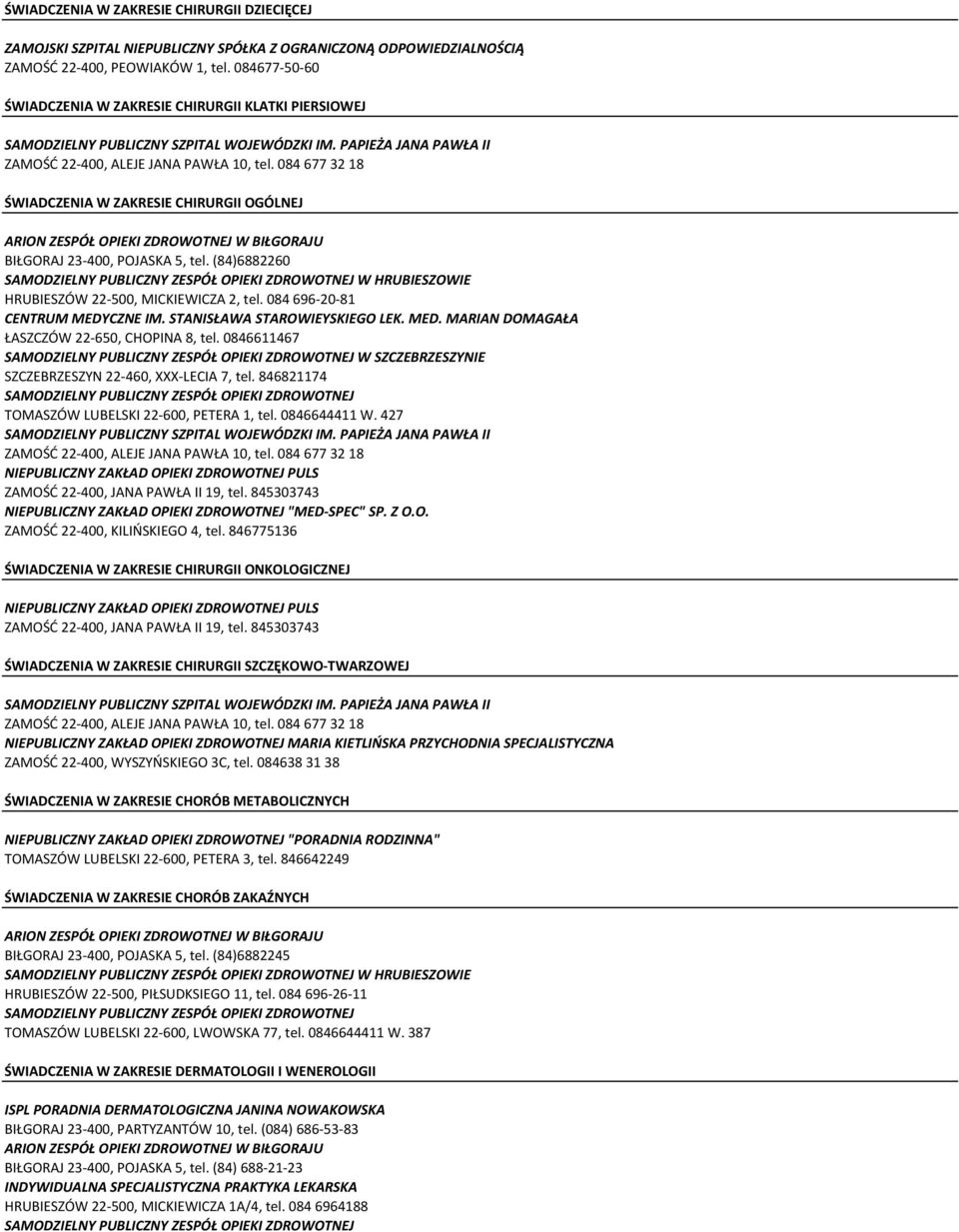 STANISŁAWA STAROWIEYSKIEGO LEK. MED. MARIAN DOMAGAŁA ŁASZCZÓW 22-650, CHOPINA 8, tel. 0846611467 W SZCZEBRZESZYNIE SZCZEBRZESZYN 22-460, XXX-LECIA 7, tel.