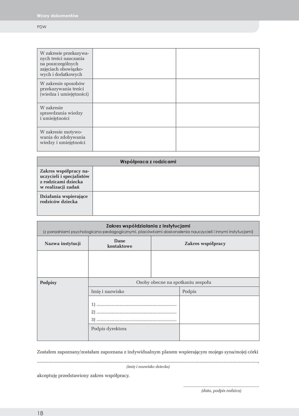 wspierające rodziców dziecka Zakres współdziałania z instytucjami (z poradniami psychologiczno-pedagogicznymi, placówkami doskonalenia nauczycieli i innymi instytucjami) Nazwa instytucji Dane
