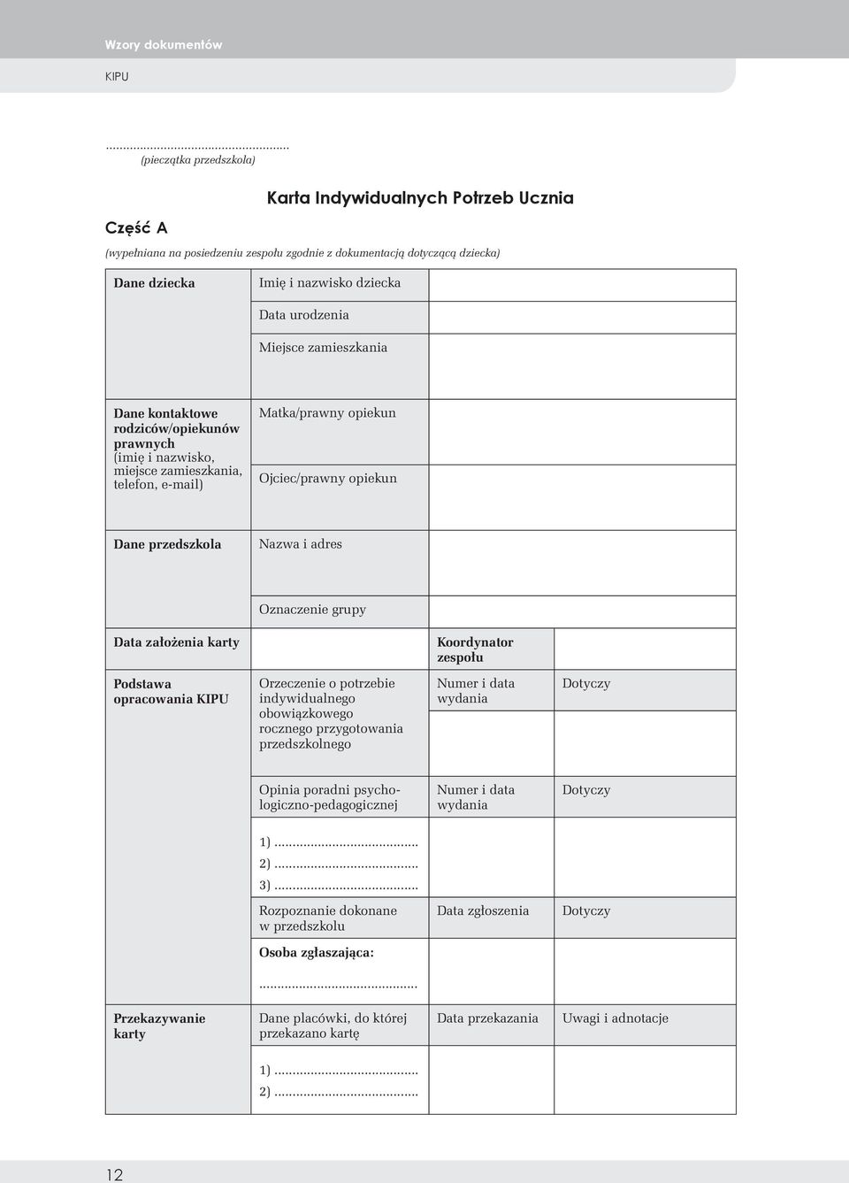 adres Oznaczenie grupy Data założenia karty Koordynator zespołu Podstawa opracowania KIPU Orzeczenie o potrzebie indywidualnego obowiązkowego rocznego przygotowania przedszkolnego Numer i data