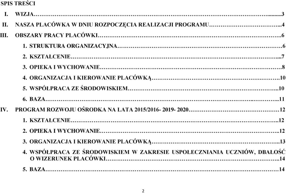 WSPÓŁPRACA ZE ŚRODOWISKIEM..10 6. BAZA....11 PROGRAM ROZWOJU OŚRODKA NA LATA 2015/2016-2019- 2020 12 1. KSZTAŁCENIE..12 2.