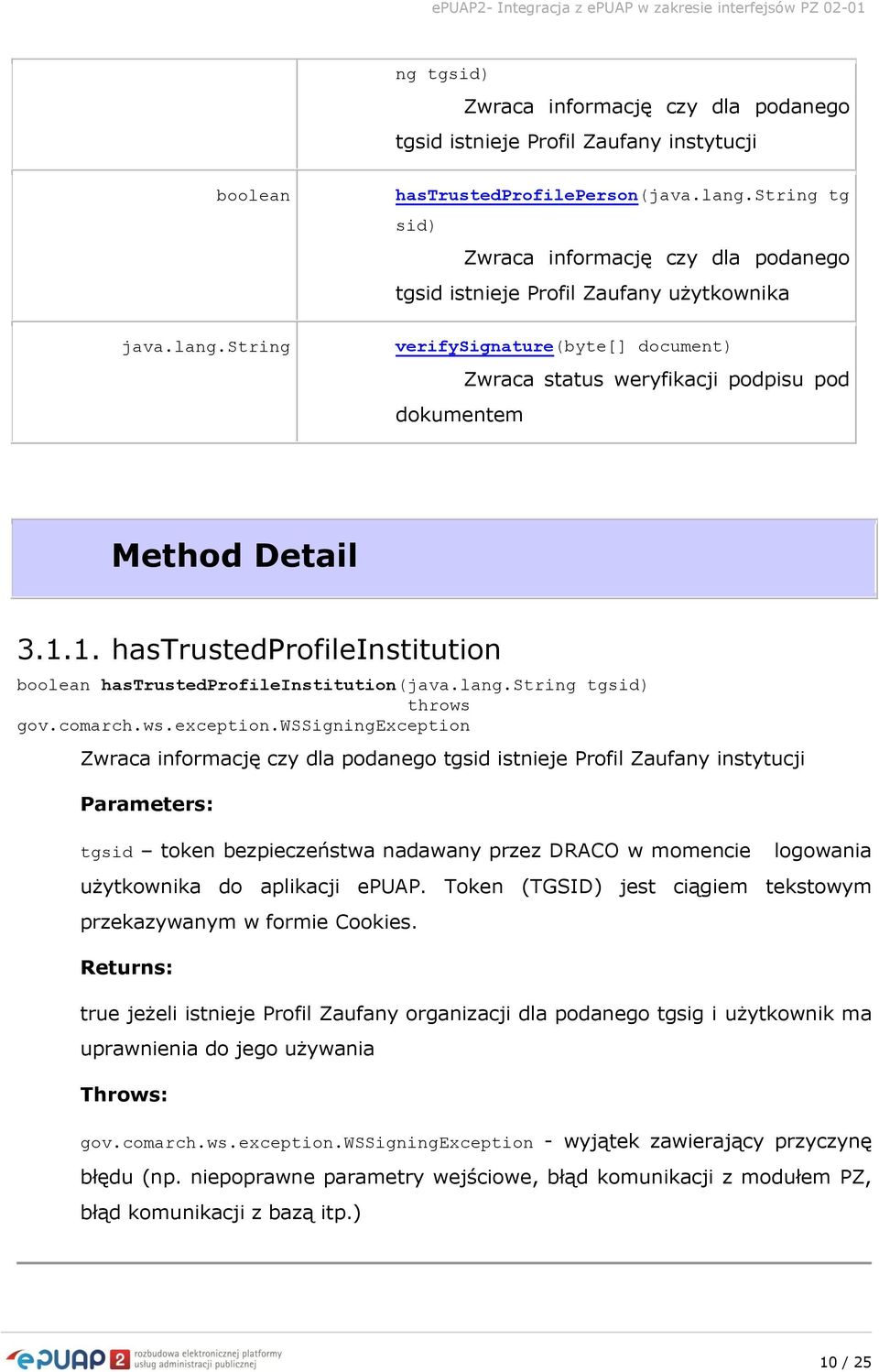 string tg sid) Zwraca informację czy dla podanego tgsid istnieje Profil Zaufany użytkownika verifysignature(byte[] document) Zwraca status weryfikacji podpisu pod dokumentem Method Detail 3.1.