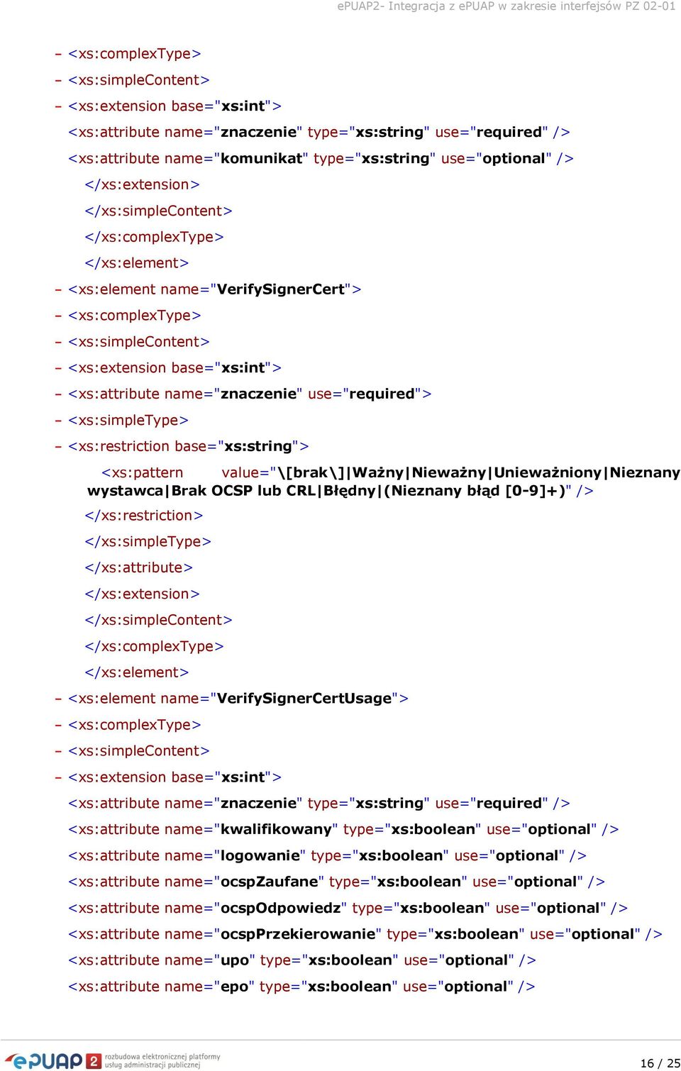 base="xs:string"> <xs:pattern value="\[brak\] Ważny Nieważny Unieważniony Nieznany wystawca Brak OCSP lub CRL Błędny (Nieznany błąd [0-9]+)" /> </xs:restriction> </xs:simpletype> </xs:attribute>
