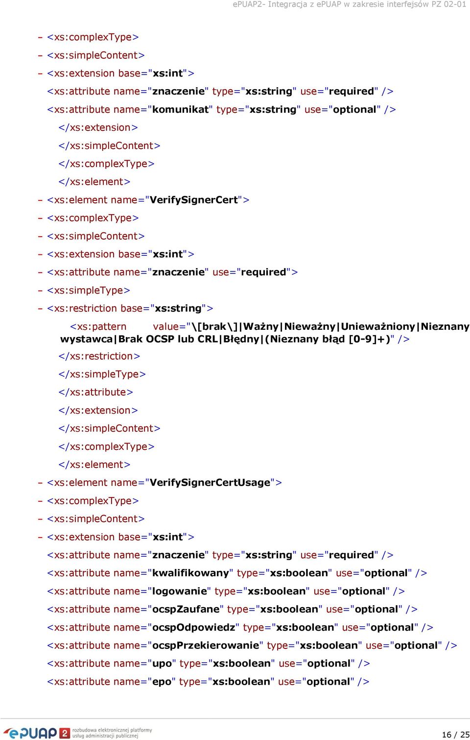 base="xs:string"> <xs:pattern value="\[brak\] Ważny Nieważny Unieważniony Nieznany wystawca Brak OCSP lub CRL Błędny (Nieznany błąd [0-9]+)" /> </xs:restriction> </xs:simpletype> </xs:attribute>