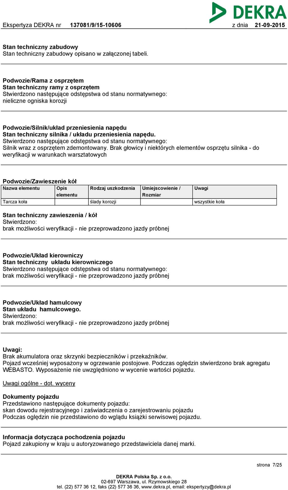 techniczny silnika / układu przeniesienia napędu. Stwierdzono następujące odstępstwa od stanu normatywnego: Silnik wraz z osprzętem zdemontowany.