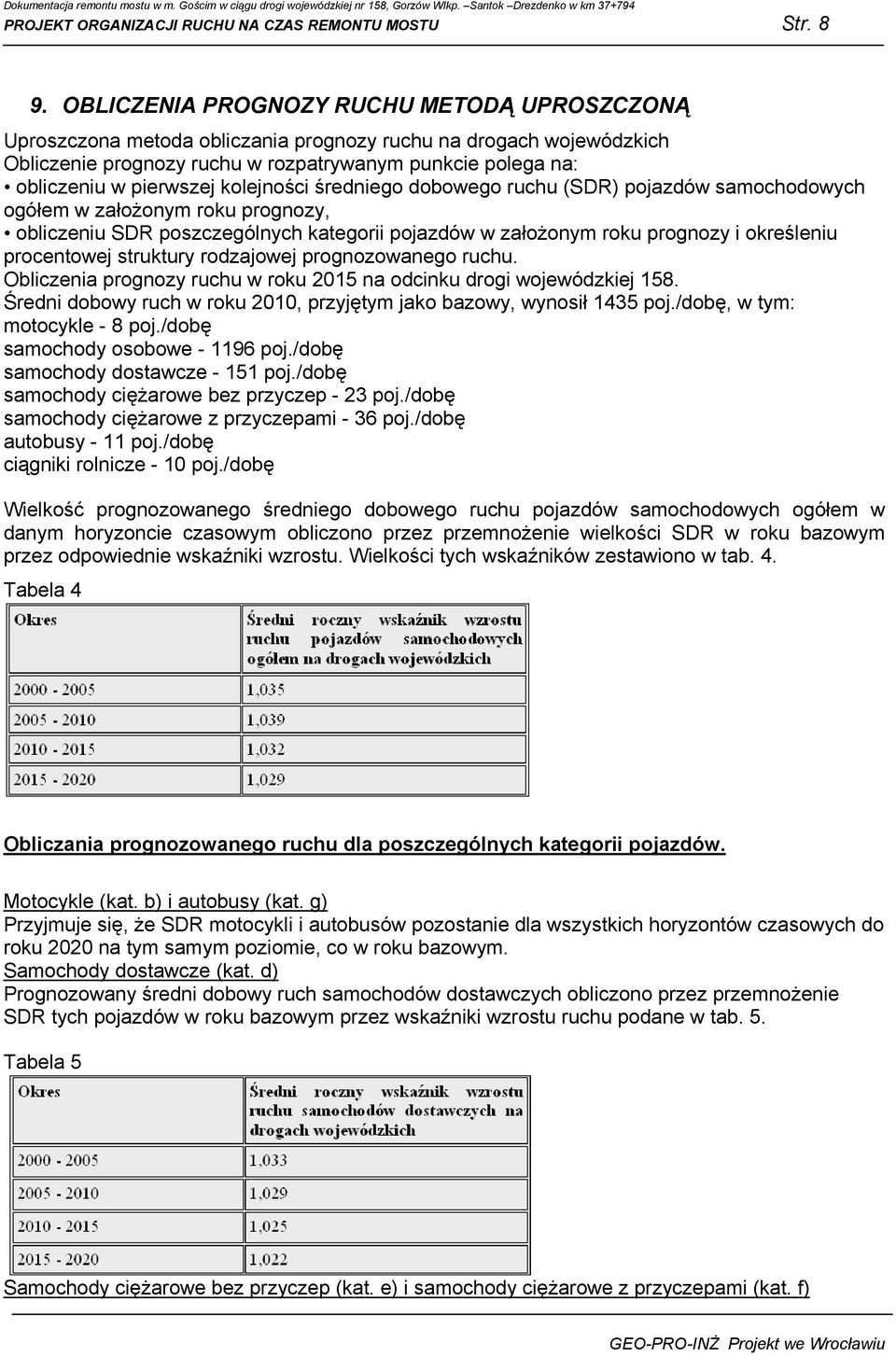 kolejności średniego dobowego ruchu (SDR) pojazdów samochodowych ogółem w załoŝonym roku prognozy, obliczeniu SDR poszczególnych kategorii pojazdów w załoŝonym roku prognozy i określeniu procentowej