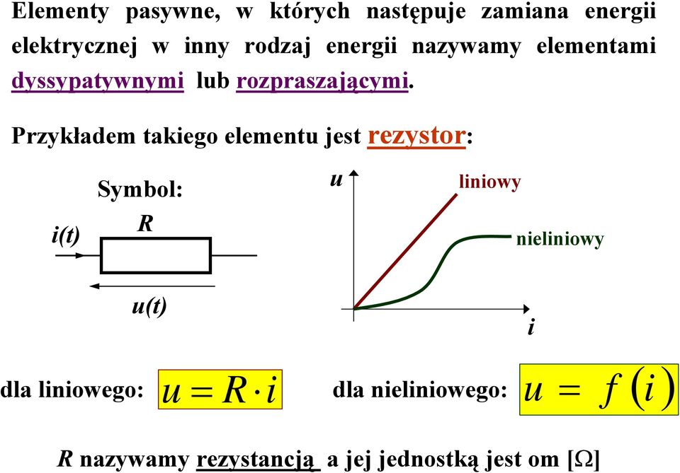 Przykładem takiego elementu jest rezystor: Symbol: u liniowy i(t) R nieliniowy