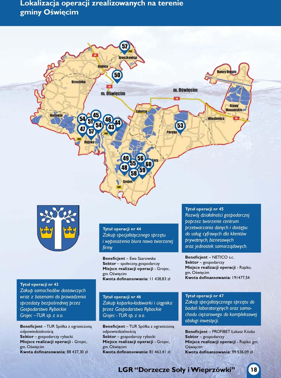 Oświęcim Kwota dofinansowania: 88 437,30 zł Tytuł operacji nr 44 Zakup specjalistycznego sprzętu i wyposażenia biura nowo tworzonej firmy Beneficjent Ewa Szarowska Sektor społeczny, gospodarczy