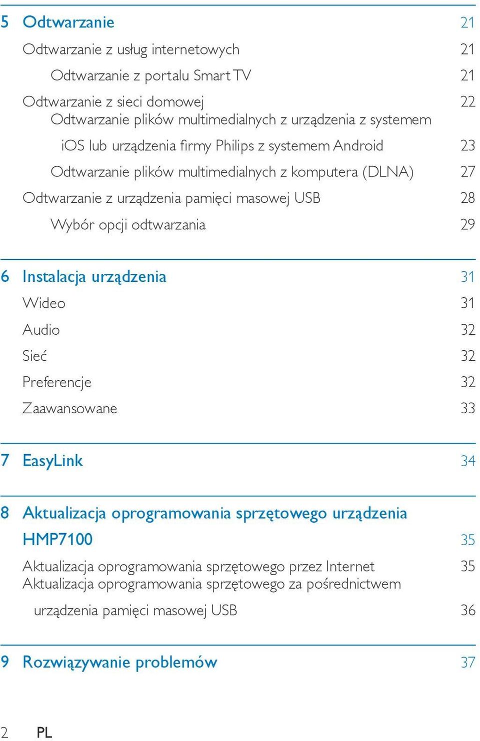 odtwarzania 29 6 Instalacja urządzenia 31 Wideo 31 Audio 32 Sieć 32 Preferencje 32 Zaawansowane 33 7 EasyLink 34 8 Aktualizacja oprogramowania sprzętowego urządzenia HMP7100 35