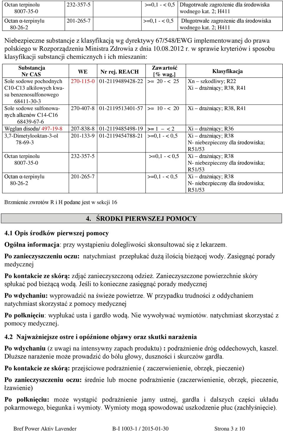 2; H411 Niebezpieczne substancje z klasyfikacją wg dyrektywy 67/548/EWG implementowanej do prawa polskiego w Rozporządzeniu Ministra Zdrowia z dnia 10.08.2012 r.