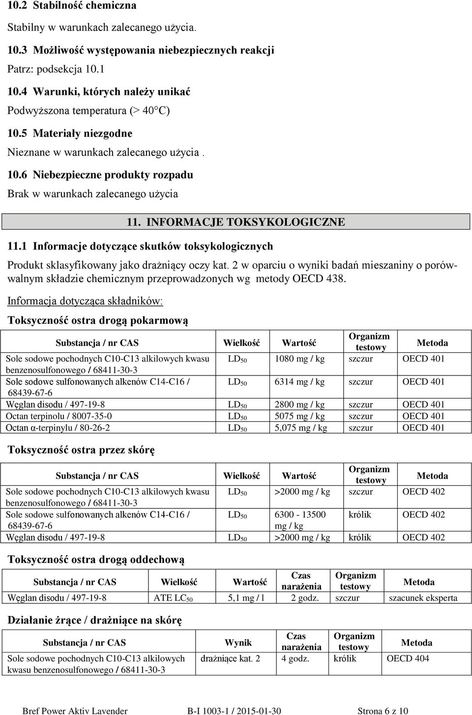 INFORMACJE TOKSYKOLOGICZNE 11.1 Informacje dotyczące skutków toksykologicznych Produkt sklasyfikowany jako drażniący oczy kat.