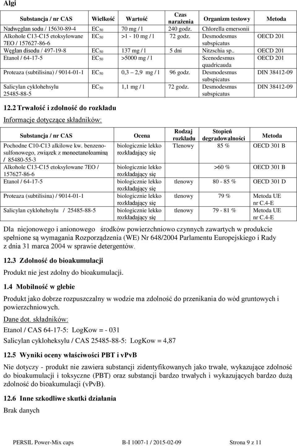 . OECD 201 Etanol / 64-17-5 EC 50 >5000 mg / l Scenodesmus OECD 201 quadricauda Proteaza (subtilisina) / 9014-01-1 EC 50 0,3 2,9 mg / l 96 godz.