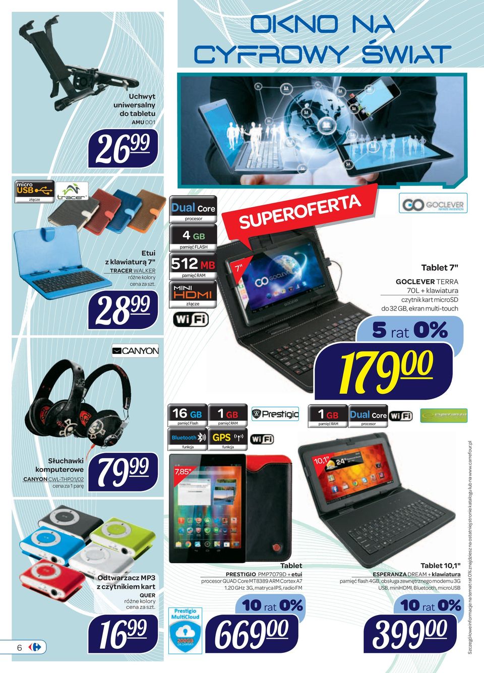 komputerowe CANYON CWL-THP01/02 cena za 1 parę 79 99 Odtwarzacz MP3 z czytnikiem kart QUER 16 99 Bluetooth 7,85" GPS Tablet PRESTIGIO PMP7079D + etui procesor QUAD Core MT8389 ARM