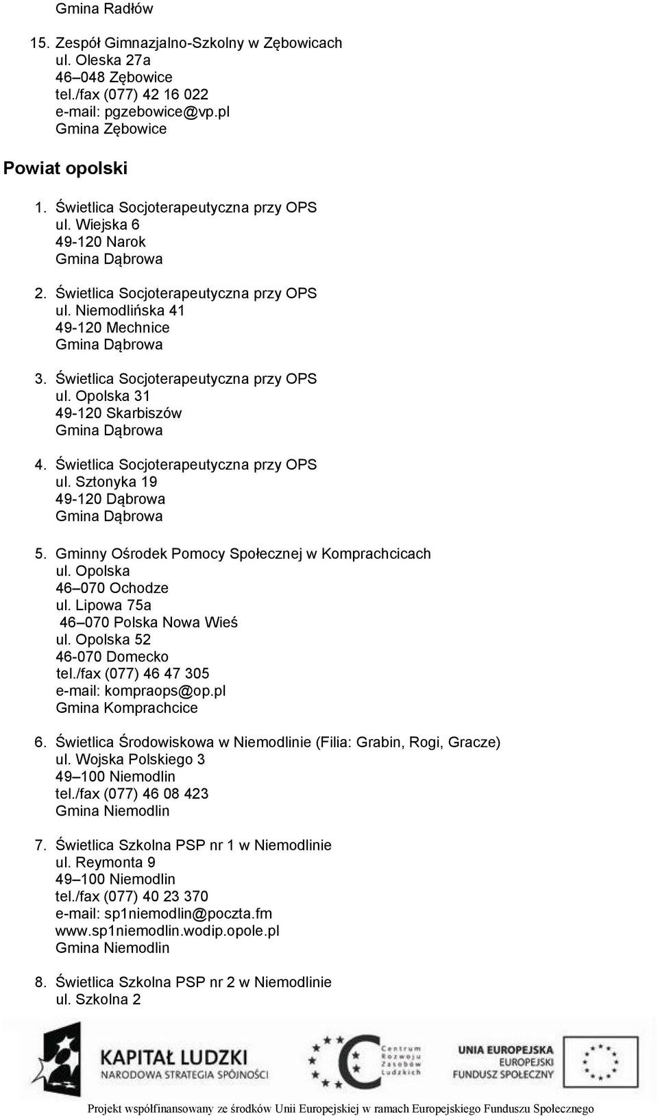Świetlica Socjoterapeutyczna przy OPS ul. Opolska 31 49-120 Skarbiszów Gmina Dąbrowa 4. Świetlica Socjoterapeutyczna przy OPS ul. Sztonyka 19 49-120 Dąbrowa Gmina Dąbrowa 5.