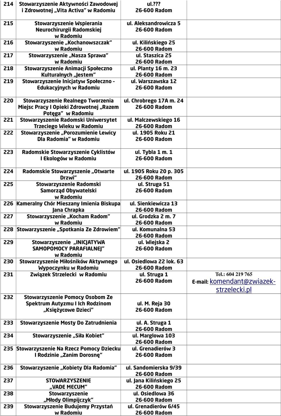 Stowarzyszenie Radomski Uniwersytet Trzeciego Wieku 222 Stowarzyszenie Porozumienie Lewicy Dla Radomia 223 Radomskie Stowarzyszenie Cyklistów I Ekologów ul.??? ul. Aleksandrowicza 5 ul.