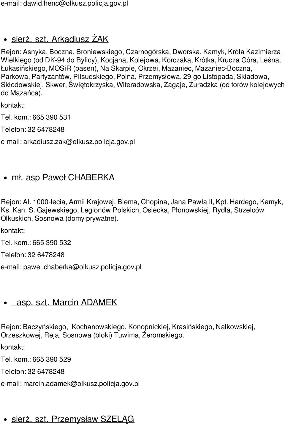 Łukasińskiego, MOSiR (basen), Na Skarpie, Okrzei, Mazaniec, Mazaniec-Boczna, Parkowa, Partyzantów, Piłsudskiego, Polna, Przemysłowa, 29-go Listopada, Składowa, Skłodowskiej, Skwer, Świętokrzyska,