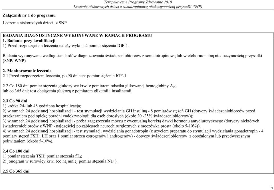 Badania wykonywane według standardów diagnozowania świadczeniobiorców z somatotropinową lub wielohormonalną niedoczynnością przysadki (SNP/ WNP). 2. Monitorowanie leczenia 2.