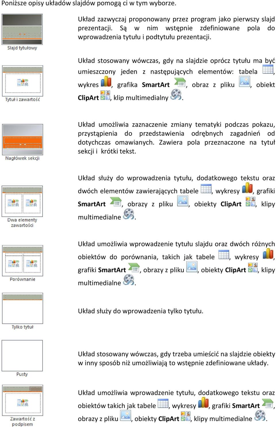 Układ stosowany wówczas, gdy na slajdzie oprócz tytułu ma być umieszczony jeden z następujących elementów: tabela, wykres, grafika SmartArt, obraz z pliku, obiekt ClipArt, klip multimedialny.