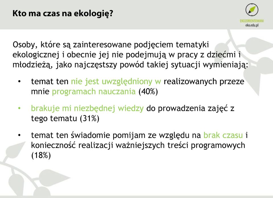 przeze mnie programach nauczania (40%) brakuje mi niezbędnej wiedzy do prowadzenia zajęć z tego tematu (31%)