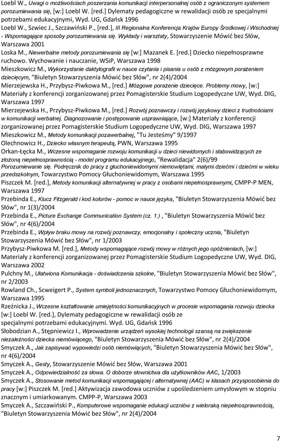 +, III Regionalna Konferencja Krajów Europy Środkowej i Wschodniej - Wspomagające sposoby porozumiewania się. Wykłady i warsztaty, Stowarzyszenie Mówid bez Słów, Warszawa 2001 Loska M.