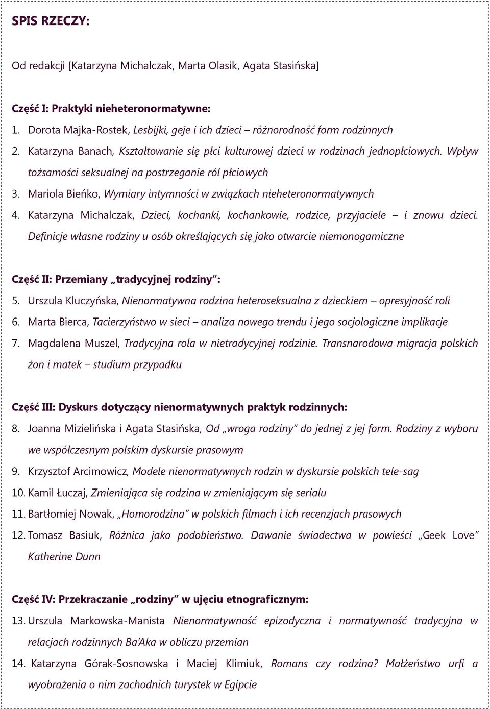 Wpływ tożsamości seksualnej na postrzeganie ról płciowych 3. Mariola Bieńko, Wymiary intymności w związkach nieheteronormatywnych 4.