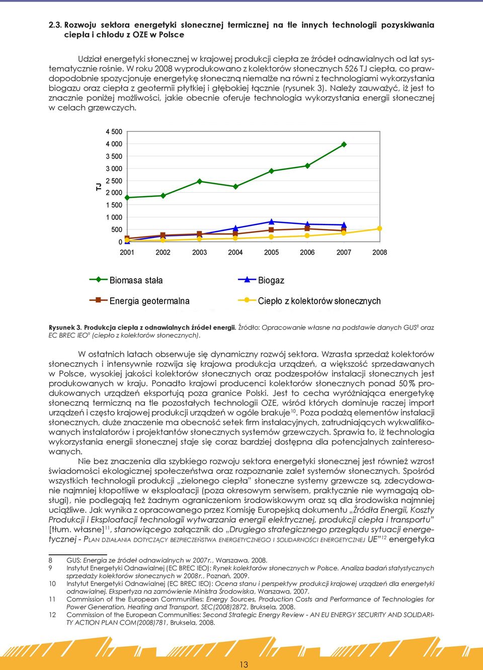 W roku 2008 wyprodukowano z kolektorów słonecznych 526 TJ ciepła, co prawdopodobnie spozycjonuje energetykę słoneczną niemalże na równi z technologiami wykorzystania biogazu oraz ciepła z geotermii