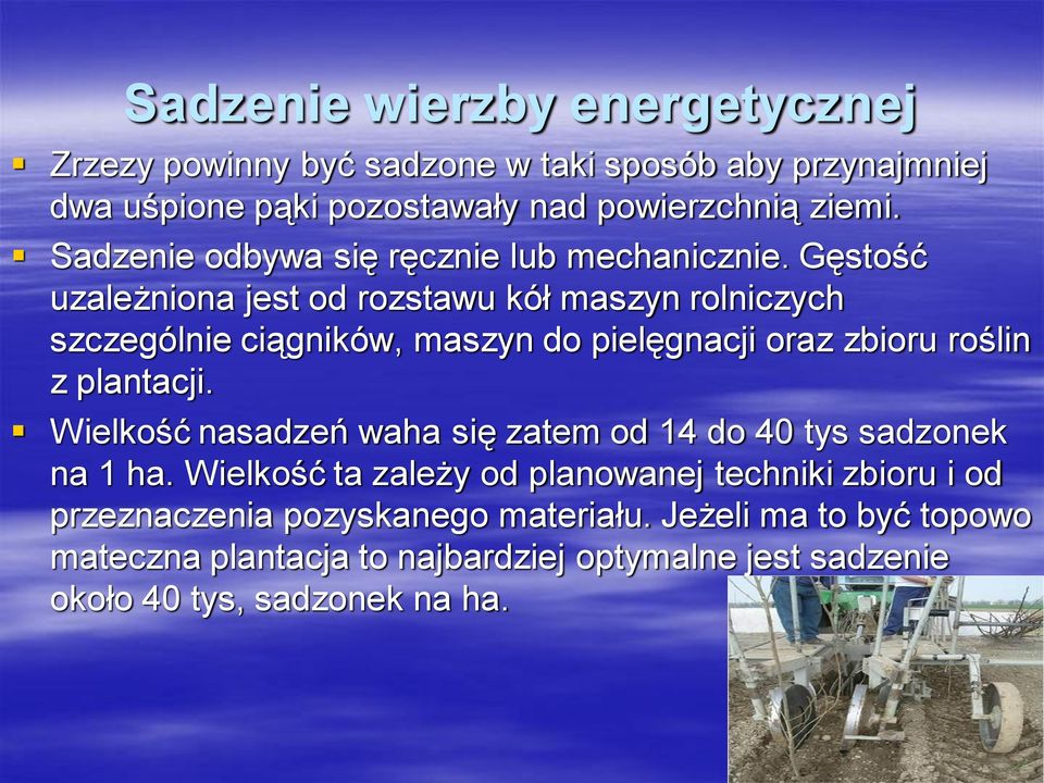 Gęstość uzależniona jest od rozstawu kół maszyn rolniczych szczególnie ciągników, maszyn do pielęgnacji oraz zbioru roślin z plantacji.