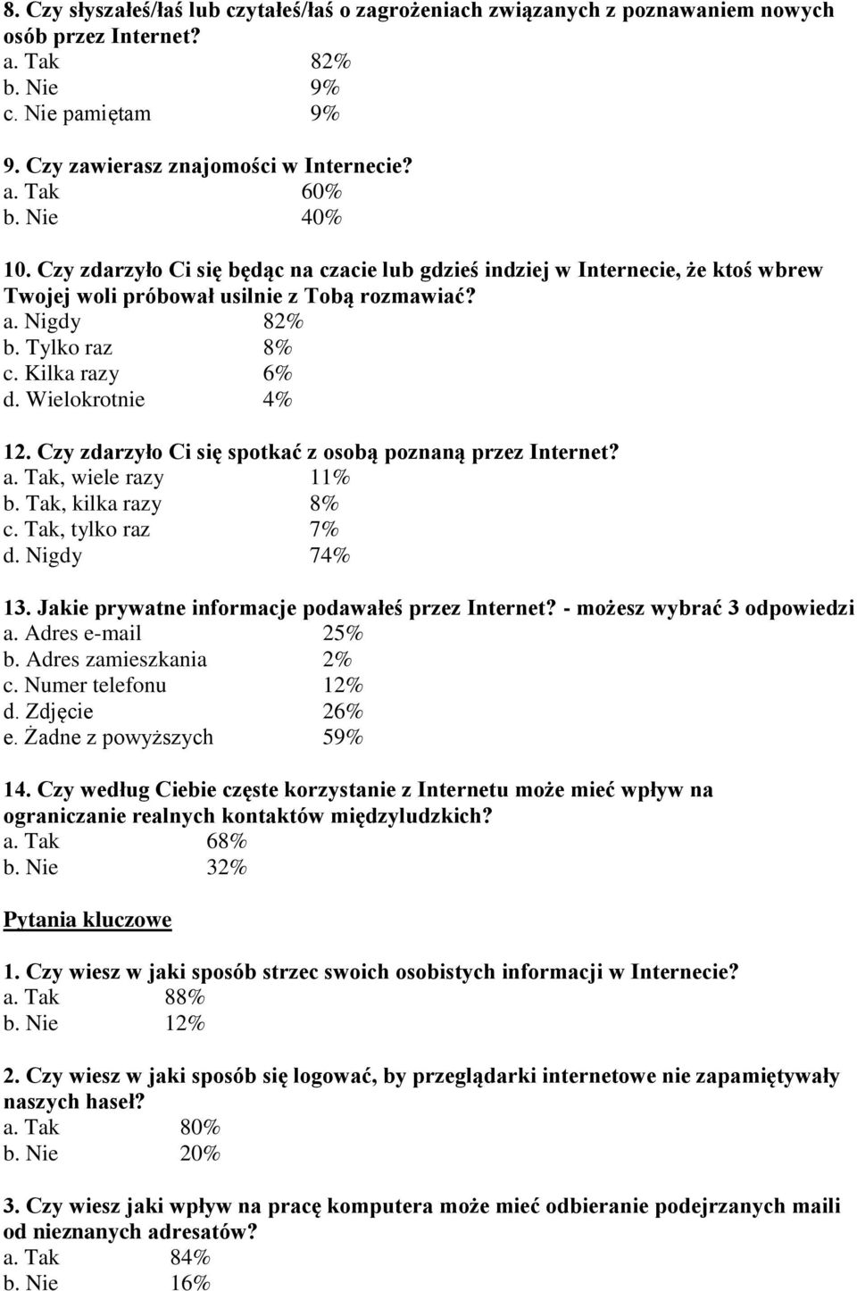 Czy zdarzyło Ci się spotkać z osobą poznaną przez Internet?, wiele razy 11% b. Tak, kilka razy 8% c. Tak, tylko raz 7% d. Nigdy 74% 13. Jakie prywatne informacje podawałeś przez Internet?