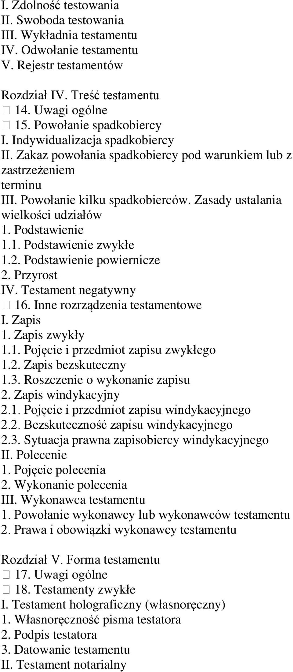 Podstawienie 1.1. Podstawienie zwykłe 1.2. Podstawienie powiernicze 2. Przyrost IV. Testament negatywny 16. Inne rozrządzenia testamentowe I. Zapis 1. Zapis zwykły 1.1. Pojęcie i przedmiot zapisu zwykłego 1.