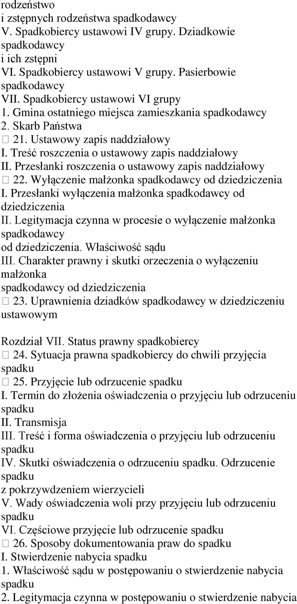 Przesłanki roszczenia o ustawowy zapis naddziałowy 22. Wyłączenie małżonka spadkodawcy od dziedziczenia I. Przesłanki wyłączenia małżonka spadkodawcy od dziedziczenia II.