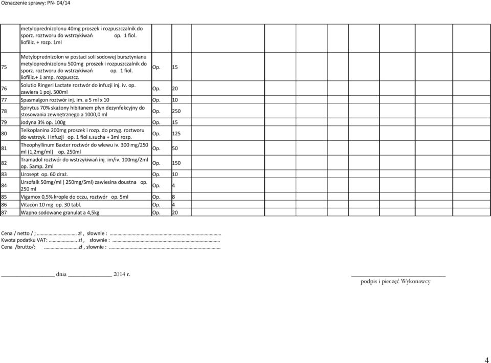iv. op. zawiera 1 poj. 500ml 20 77 Spasmalgon roztwór inj. im. a 5 ml x 10 10 78 Spirytus 70% skażony hibitanem płyn dezynfekcyjny do stosowania zewnętrznego a 1000,0 ml 250 79 Jodyna 3% op.