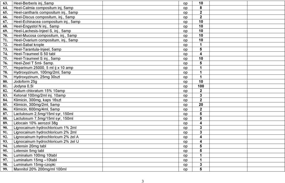 Heel-Sabal krople op 1 73. Heel-Tarantula-Injeel, 5amp op 5 74. Heel-Traumeel S 50 tabl op 4 75. Heel-Traumeel S inj., 5amp op 10 76. Heel-Zeel T 5ml- 5amp. op 5 77.
