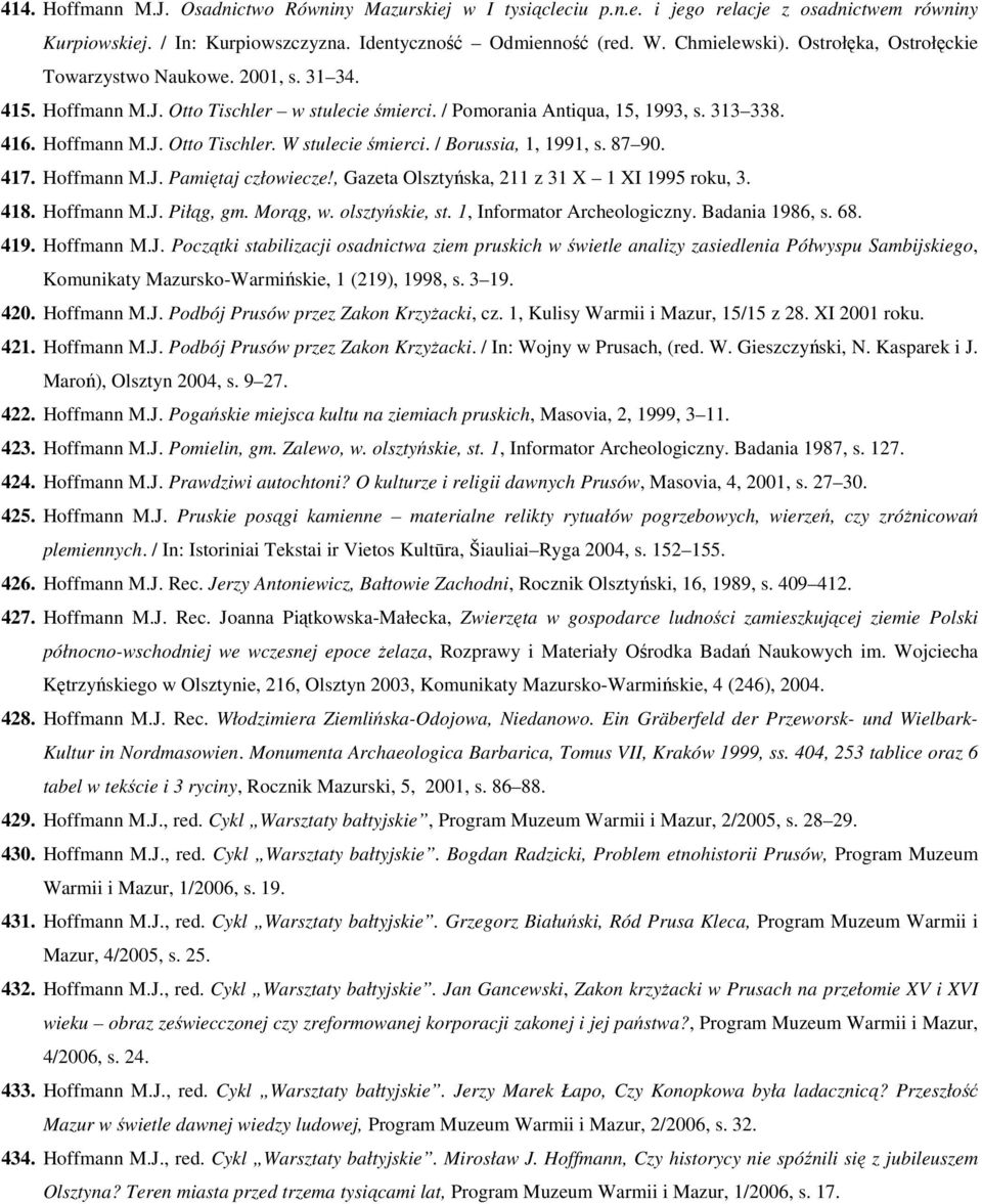 / Borussia, 1, 1991, s. 87 90. 417. Hoffmann M.J. Pamiętaj człowiecze!, Gazeta Olsztyńska, 211 z 31 X 1 XI 1995 roku, 3. 418. Hoffmann M.J. Piłąg, gm. Morąg, w. olsztyńskie, st.