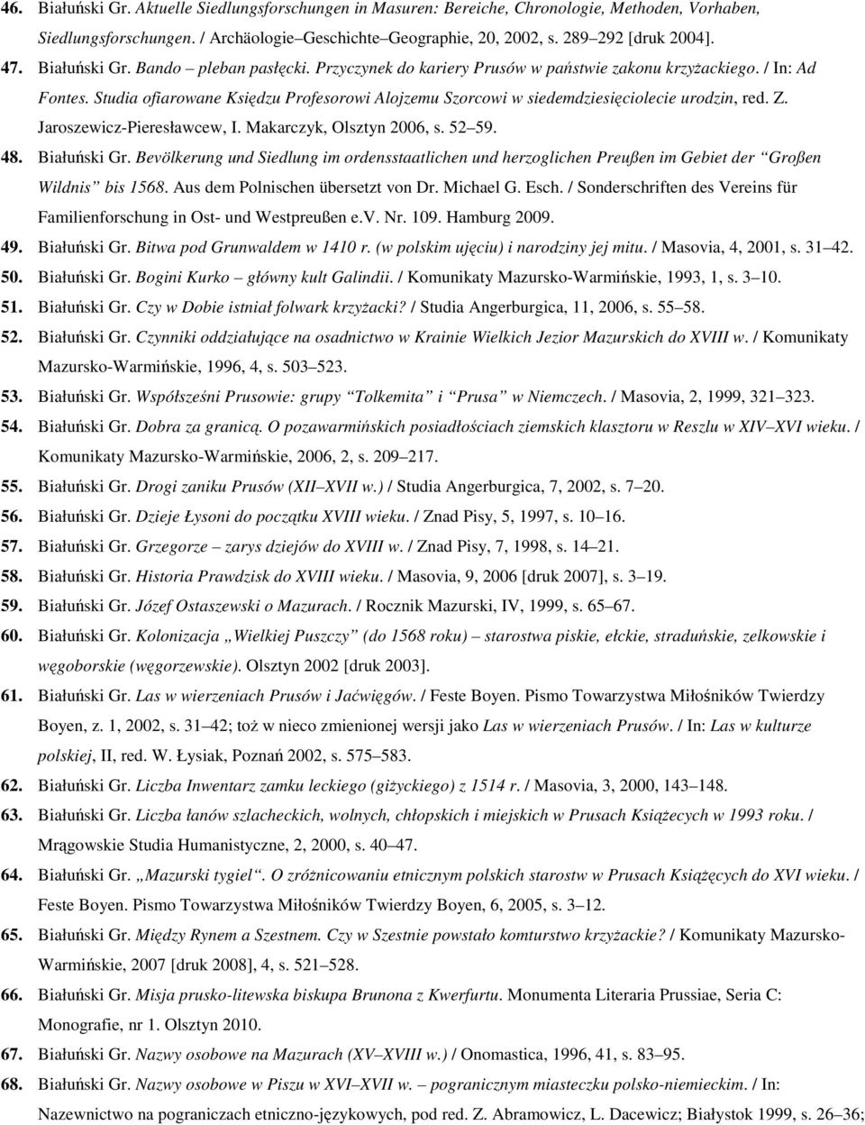 Studia ofiarowane Księdzu Profesorowi Alojzemu Szorcowi w siedemdziesięciolecie urodzin, red. Z. Jaroszewicz-Pieresławcew, I. Makarczyk, Olsztyn 2006, s. 52 59. 48. Białuński Gr.