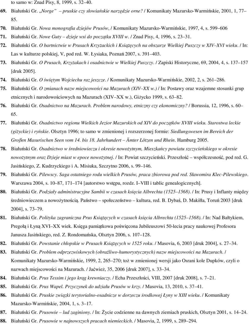 / In: Las w kulturze polskiej, V, pod red. W. Łysiaka, Poznań 2007, s. 391 403. 73. Białuński Gr. O Prusach, Krzyżakach i osadnictwie w Wielkiej Puszczy. / Zapiski Historyczne, 69, 2004, 4, s.