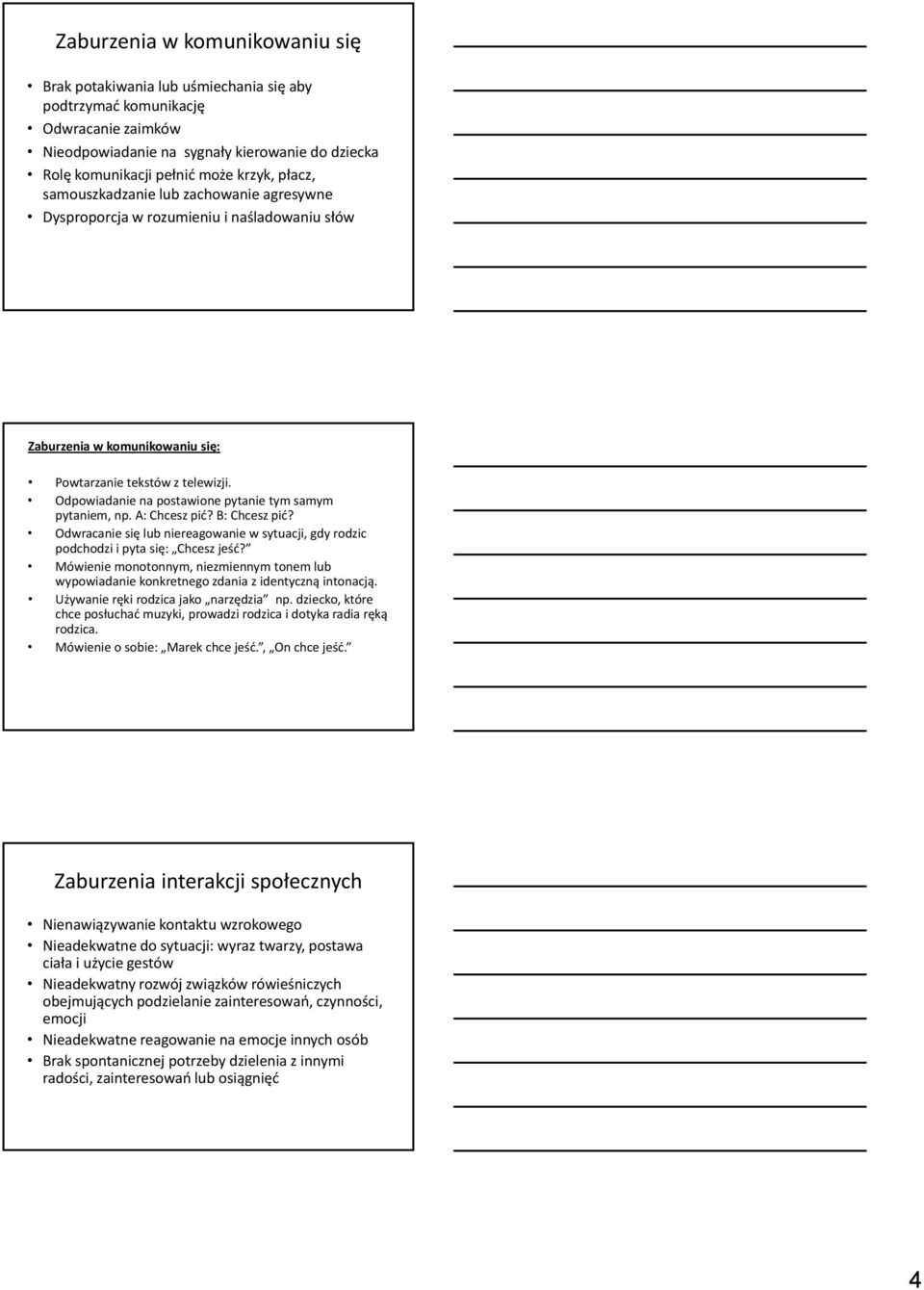 Odpowiadanie na postawione pytanie tym samym pytaniem, np. A: Chcesz pić? B: Chcesz pić? Odwracanie się lub niereagowanie w sytuacji, gdy rodzic podchodzi i pyta się: Chcesz jeść?