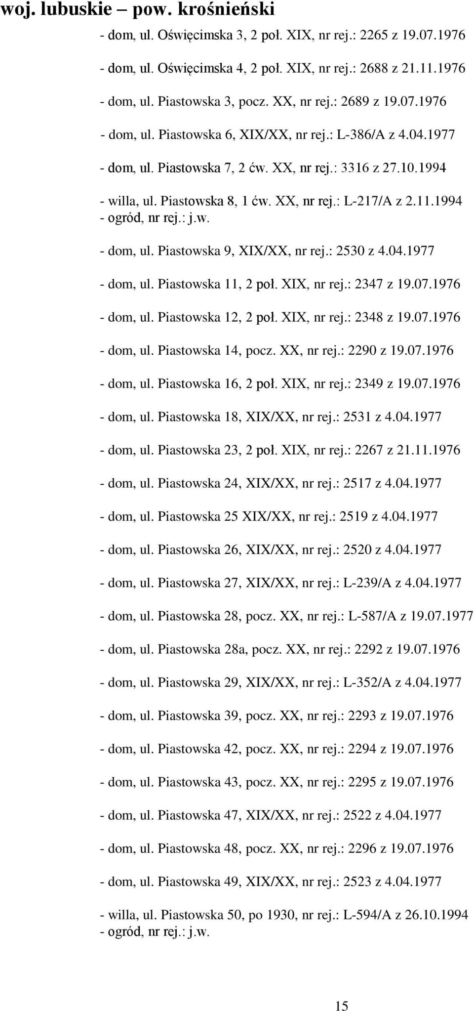 11.1994 - ogród, nr rej.: j.w. - dom, ul. Piastowska 9, XIX/XX, nr rej.: 2530 z 4.04.1977 - dom, ul. Piastowska 11, 2 poł. XIX, nr rej.: 2347 z 19.07.1976 - dom, ul. Piastowska 12, 2 poł. XIX, nr rej.: 2348 z 19.