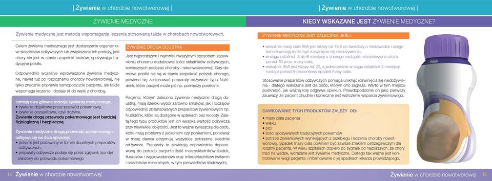 Żywienie medyczne jest zalecane, jeśli: Celem żywienia medycznego jest dostarczenie organizmowi składników odżywczych lub zwiększenie ich podaży, jeśli chory nie jest w stanie uzupełnić braków,