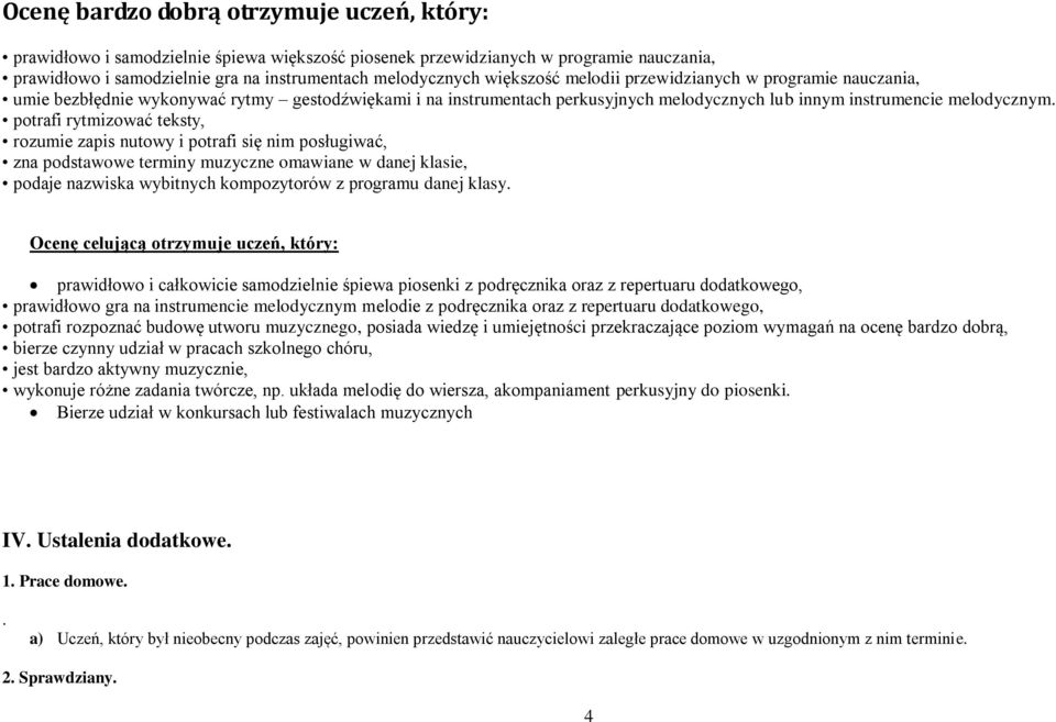 potrafi rytmizować teksty, rozumie zapis nutowy i potrafi się nim posługiwać, zna podstawowe terminy muzyczne omawiane w danej klasie, podaje nazwiska wybitnych kompozytorów z programu danej klasy.