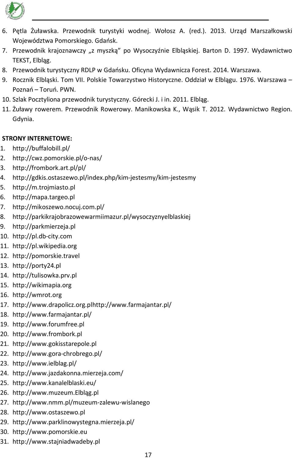 Oddział w Elblągu. 1976. Warszawa Poznań Toruń. PWN. 10. Szlak Pocztyliona przewodnik turystyczny. Górecki J. i in. 2011. Elbląg. 11. Żuławy rowerem. Przewodnik Rowerowy. Manikowska K., Wąsik T. 2012.