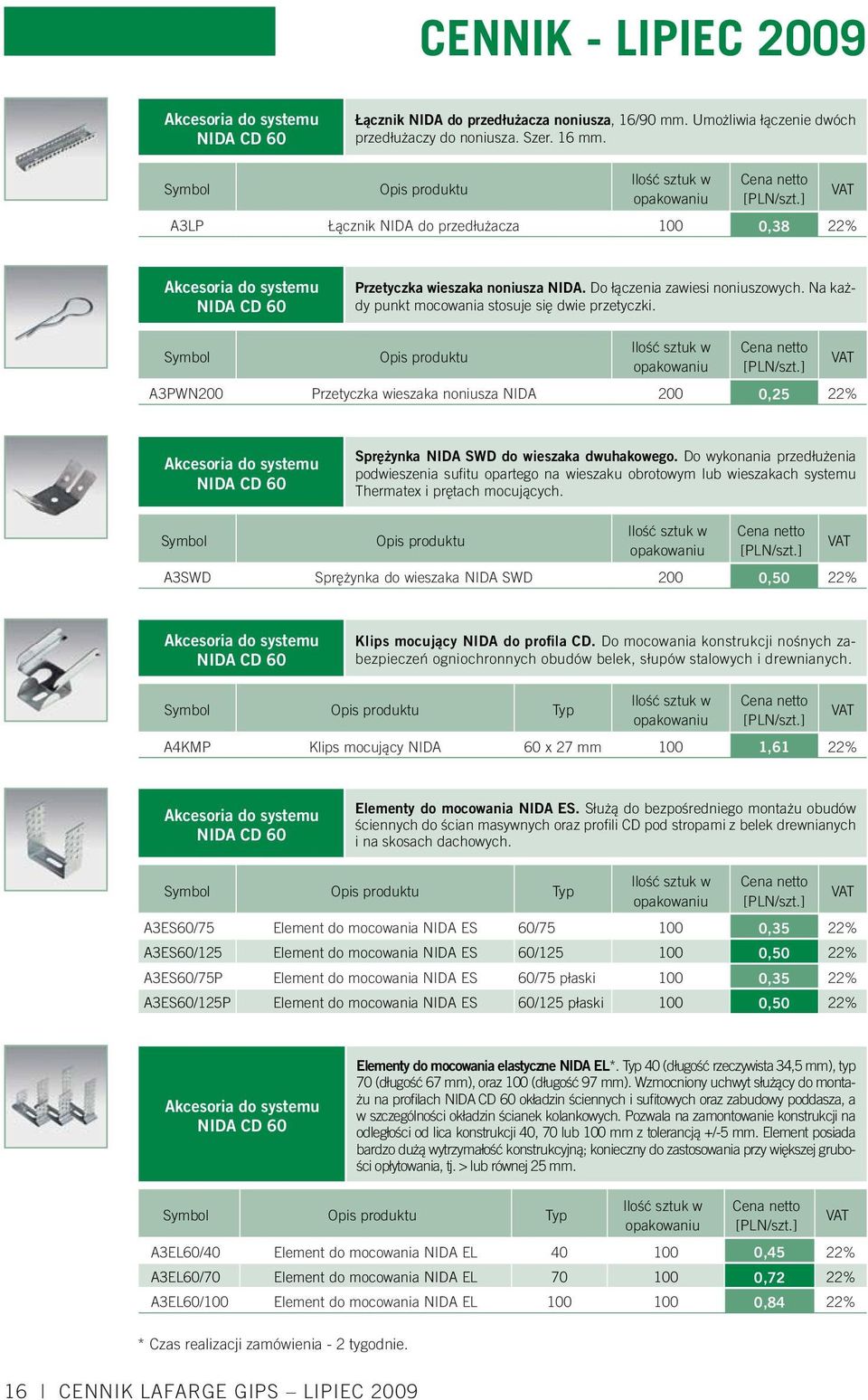 Na każdy punkt mocowania stosuje się dwie przetyczki. A3PWN200 Przetyczka wieszaka noniusza NIDA 200 0,25 22% Akcesoria do systemu NIDA CD 60 Sprężynka NIDA SWD do wieszaka dwuhakowego.