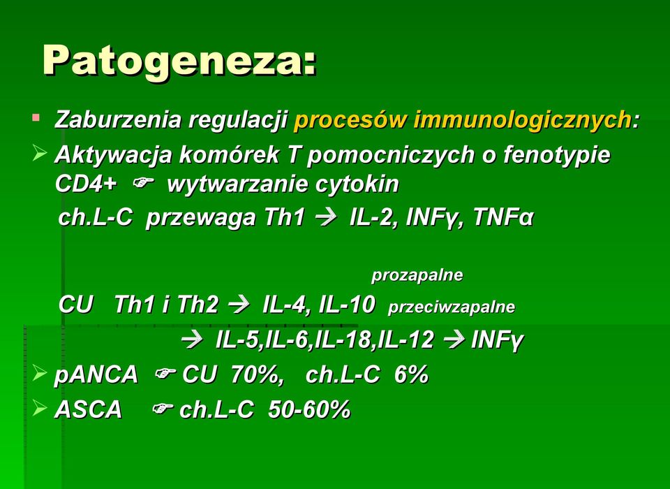 l-c przewaga Th1 IL-2, INFγ, TNFα prozapalne CU Th1 i Th2 IL-4, IL-10