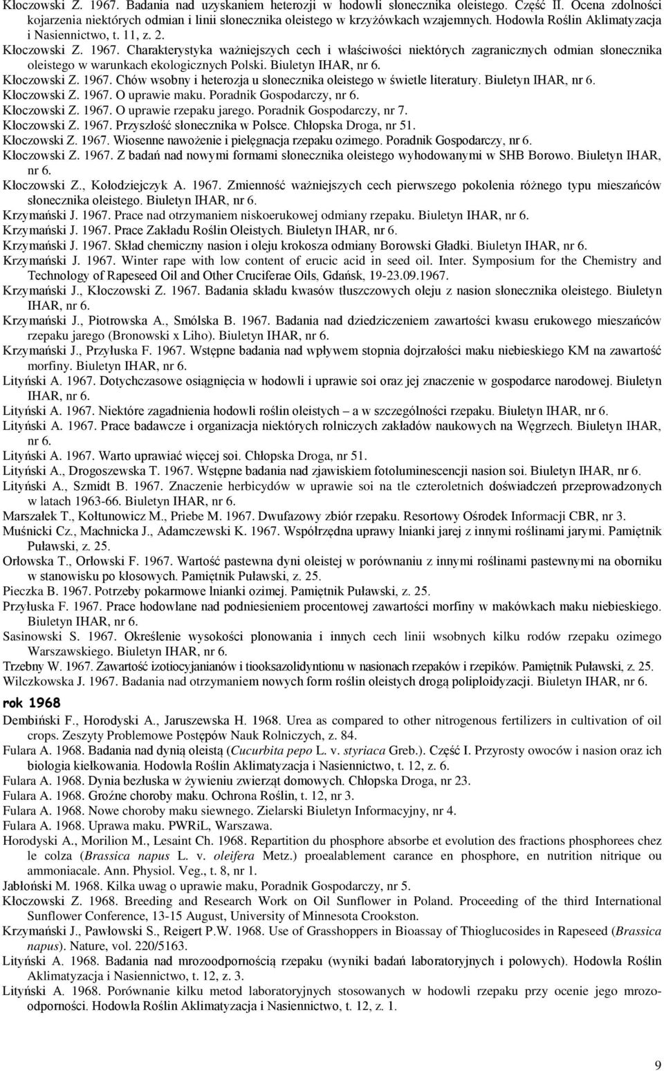 Charakterystyka ważniejszych cech i właściwości niektórych zagranicznych odmian słonecznika oleistego w warunkach ekologicznych Polski. Biuletyn IHAR, nr 6. Kłoczowski Z. 1967.
