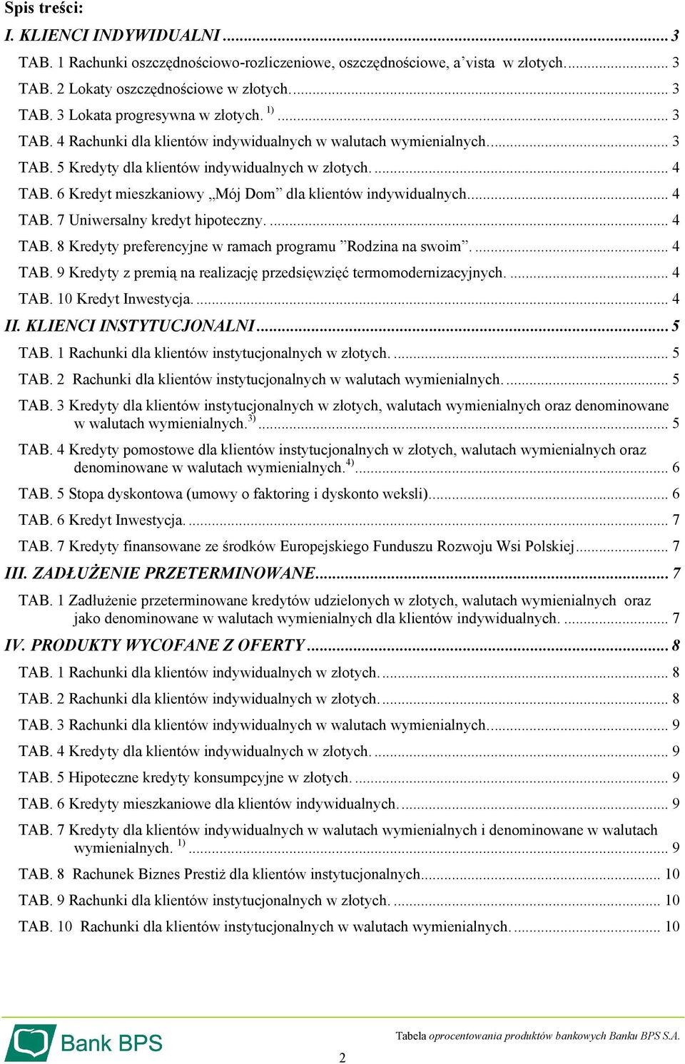 6 Kredyt mieszkaniowy Mój Dom dla klientów indywidualnych... 4 TAB. 7 Uniwersalny kredyt hipoteczny.... 4 TAB. 8 Kredyty preferencyjne w ramach programu Rodzina na swoim.... 4 TAB. 9 Kredyty z premią na realizację przedsięwzięć termomodernizacyjnych.