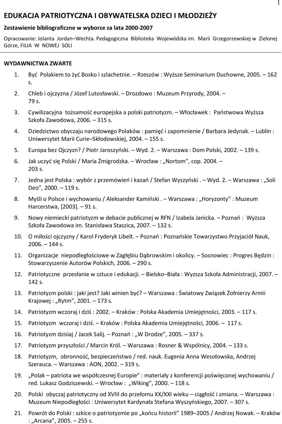 05. 162 s. 2. Chleb i ojczyzna / Józef Lutosławski. Drozdowo : Muzeum Przyrody, 2004. 79 s. 3. Cywilizacyjna tożsamość europejska a polski patriotyzm.