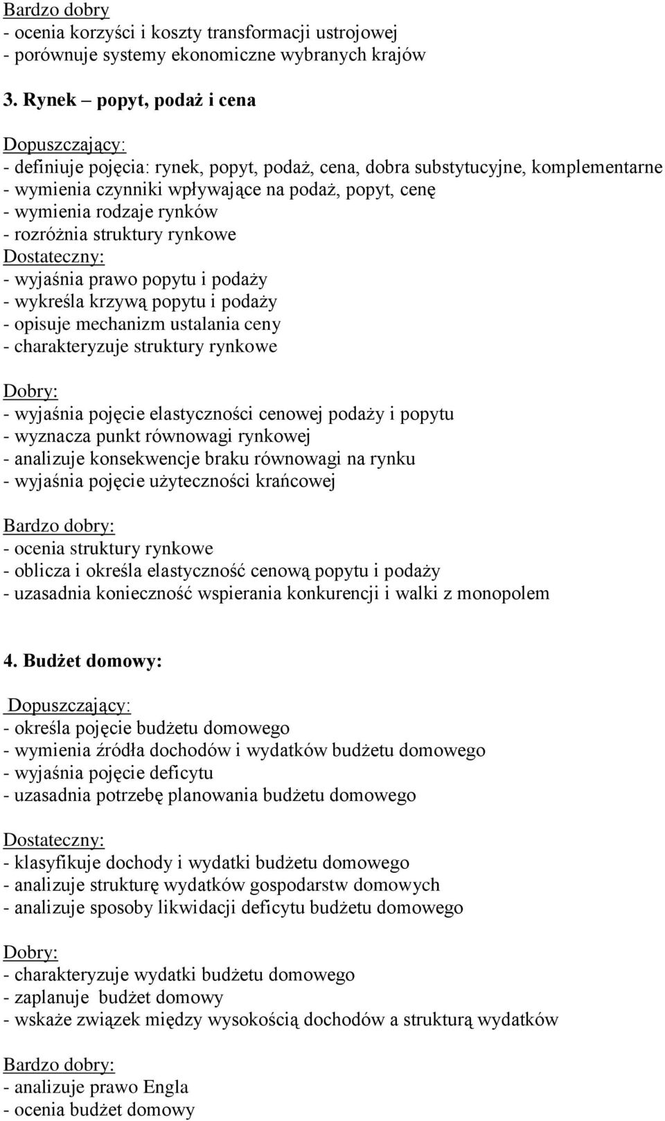 rozróżnia struktury rynkowe - wyjaśnia prawo popytu i podaży - wykreśla krzywą popytu i podaży - opisuje mechanizm ustalania ceny - charakteryzuje struktury rynkowe - wyjaśnia pojęcie elastyczności