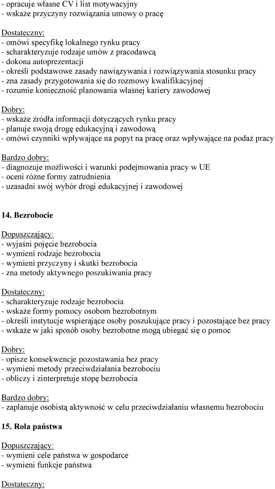 źródła informacji dotyczących rynku pracy - planuje swoją drogę edukacyjną i zawodową - omówi czynniki wpływające na popyt na pracę oraz wpływające na podaż pracy - diagnozuje możliwości i warunki