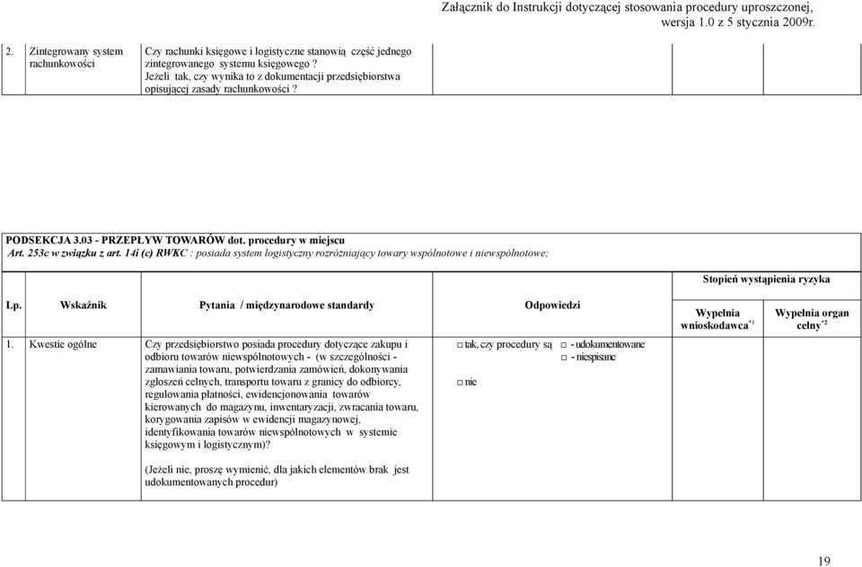 14i (c) RWKC : posiada system logistyczny rozróżniający towary wspólnotowe i niewspólnotowe; Stopień wystąpienia ryzyka Lp. Wskaźnik Pytania / międzynarodowe standardy Odpowiedzi 1.