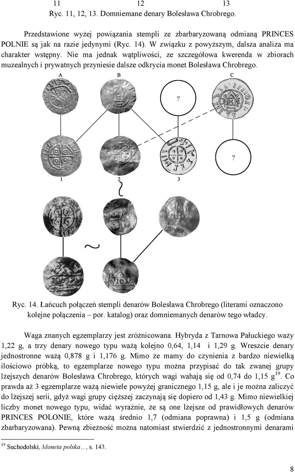 Ryc. 14. Łańcuch połączeń stempli denarów Bolesława Chrobrego (literami oznaczono kolejne połączenia por. katalog) oraz domniemanych denarów tego władcy. Waga znanych egzemplarzy jest zróżnicowana.